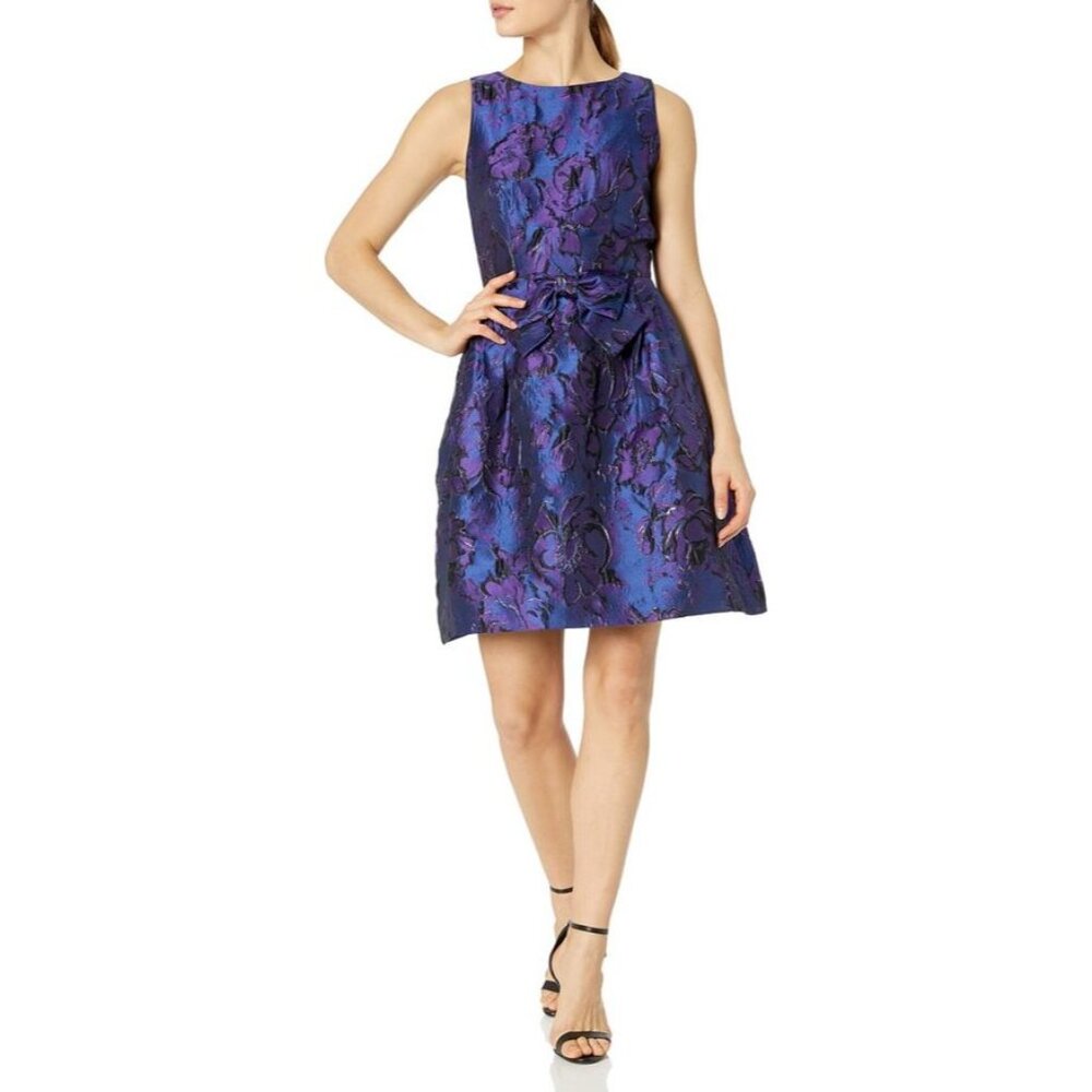 Tahari ASL Women's Jacquard Fit & Flare Party Dress, Purple Royal Floral Size 14